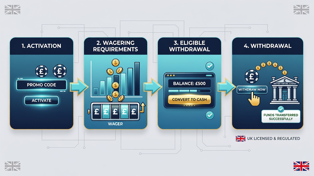 Flowchart illustrating compliance checks and withdrawal verification steps for promotional credits in virtual casino environments